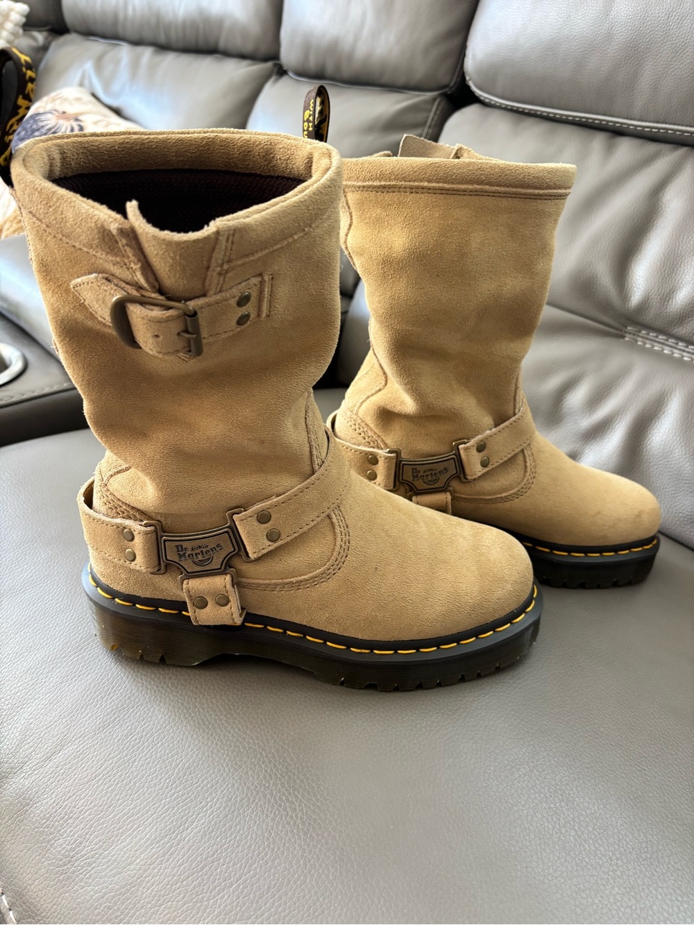 Dr. Martens ANISTONE HI Tan Suede Buckle Biker Boots